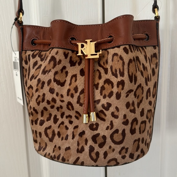 RALPH LAUREN Andie Drawstring Crossbody Bucket Bag Leopard Calf Hair NWT $325 - Picture 7 of 14